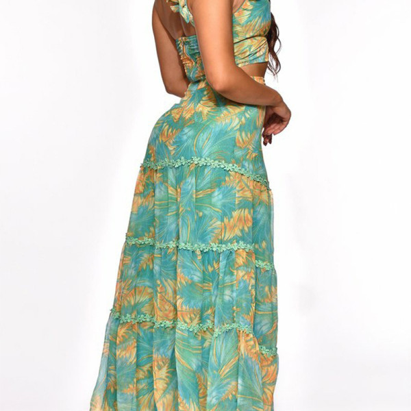 Temperament lotus leaf hollow top printed slit long skirt two-piece suit