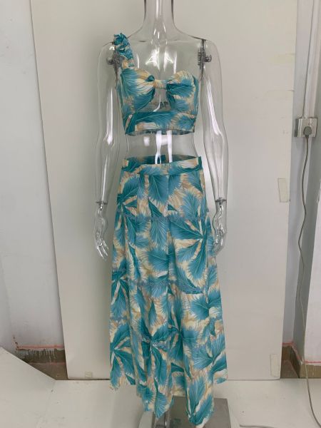 Temperament lotus leaf hollow top printed slit long skirt two-piece suit