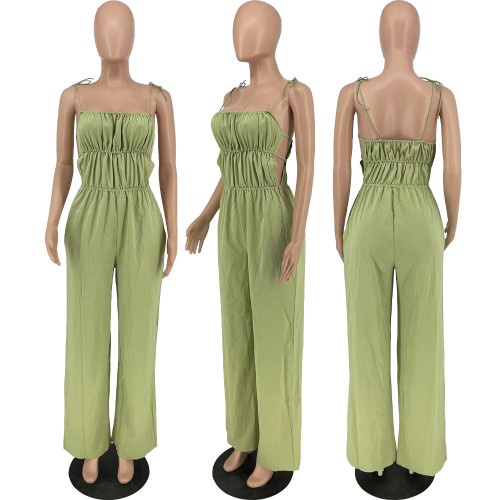 Self-Tie-Shoulder Wide-Leg Solid Jumpsuit