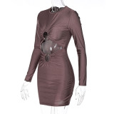 Fashion women's sexy hollow round neck solid color long-sleeved hip dress