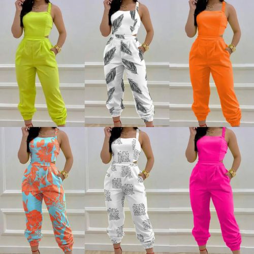 suspender open-back bow print high-waisted jumpsuit