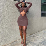 Fashion women's sexy hollow round neck solid color long-sleeved hip dress