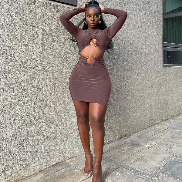 Fashion women's sexy hollow round neck solid color long-sleeved hip dress