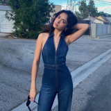 Slim fit and slim zipper sleeveless V-neck high waist fashion retro style denim jumpsuit