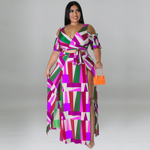 Plus size women's off-shoulder V-neck fashion two-piece split skirt