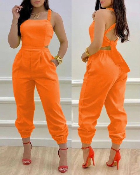 suspender open-back bow print high-waisted jumpsuit