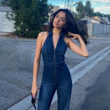 Slim fit and slim zipper sleeveless V-neck high waist fashion retro style denim jumpsuit