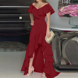 Temperament V-neck Ruffle Irregular Elegant Dress Dress
