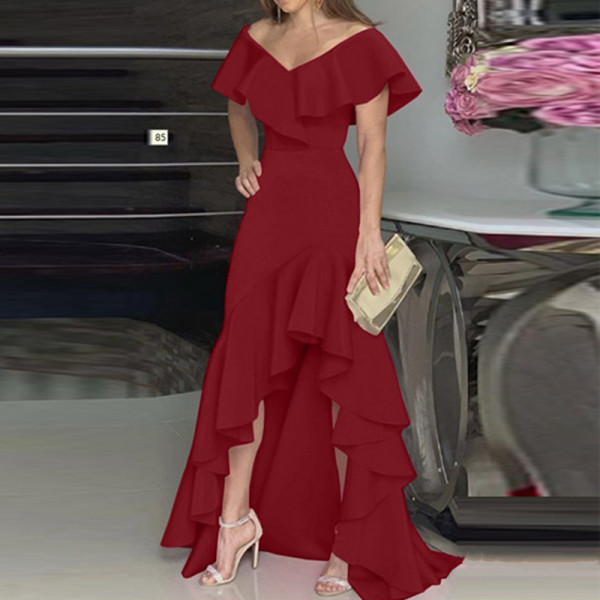 Temperament V-neck Ruffle Irregular Elegant Dress Dress
