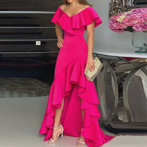 Temperament V-neck Ruffle Irregular Elegant Dress Dress