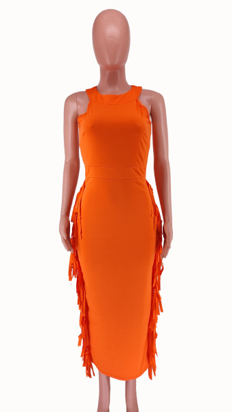 women's solid color fringed dress