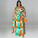 Plus size women's off-shoulder V-neck fashion two-piece split skirt