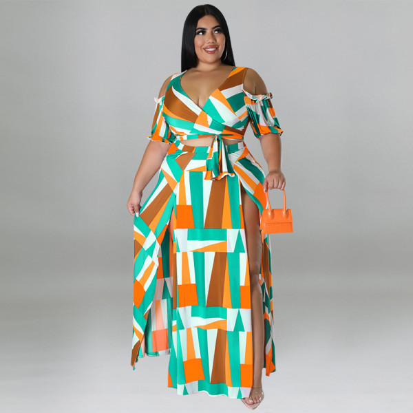 Plus size women's off-shoulder V-neck fashion two-piece split skirt