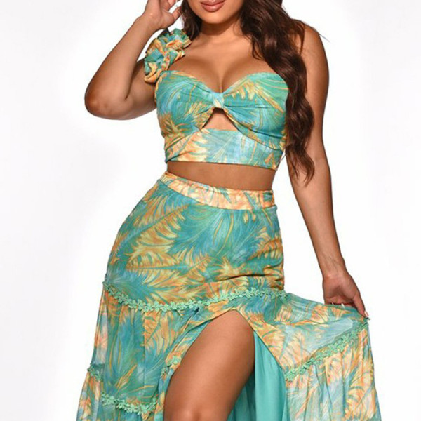 Temperament lotus leaf hollow top printed slit long skirt two-piece suit
