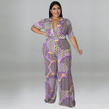 Short Sleeve Deep V Neck Printed Casual Jumpsuit