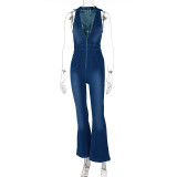 Slim fit and slim zipper sleeveless V-neck high waist fashion retro style denim jumpsuit
