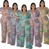 Short Sleeve Deep V Neck Printed Casual Jumpsuit
