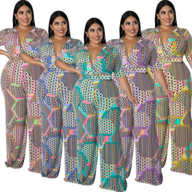 Short Sleeve Deep V Neck Printed Casual Jumpsuit
