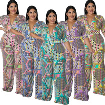 Short Sleeve Deep V Neck Printed Casual Jumpsuit Short Sleeve Deep V Neck Printed Casual Jumpsuit