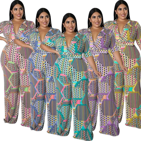 Short Sleeve Deep V Neck Printed Casual Jumpsuit