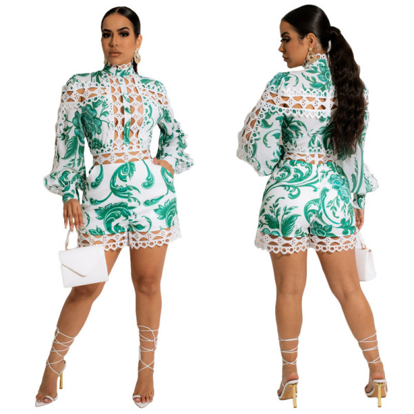 Printed Sexy Lace Panel Shorts