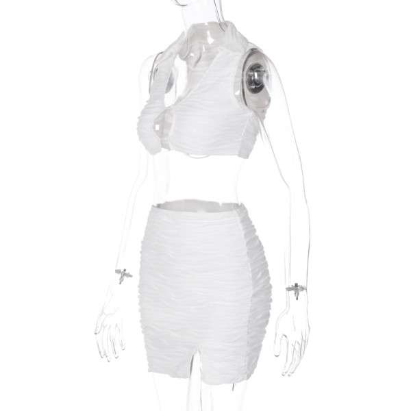 Women's fashion solid color sexy hollow pleated waistless camisole short skirt suit