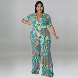 Short Sleeve Deep V Neck Printed Casual Jumpsuit