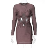 Fashion women's sexy hollow round neck solid color long-sleeved hip dress