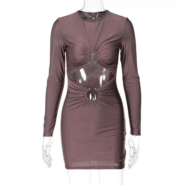 Fashion women's sexy hollow round neck solid color long-sleeved hip dress