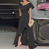 Temperament V-neck Ruffle Irregular Elegant Dress Dress