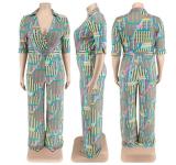 Short Sleeve Deep V Neck Printed Casual Jumpsuit