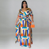 Plus size women's off-shoulder V-neck fashion two-piece split skirt