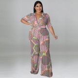 Short Sleeve Deep V Neck Printed Casual Jumpsuit