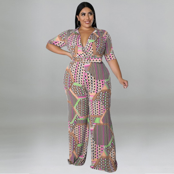 Short Sleeve Deep V Neck Printed Casual Jumpsuit