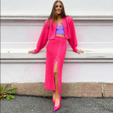 Shoulder padded cardigan front and back two-piece wool knitted skirt suit knitted comfortable casual women's clothing