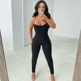 Women's Fashion Sports Slim Cross Strap Solid Color Versatile Jumpsuit