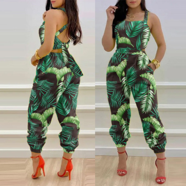 suspender open-back bow print high-waisted jumpsuit