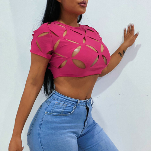 Geometric Cutout Short Sleeve Top Sexy Navel Perspective T-Shirt