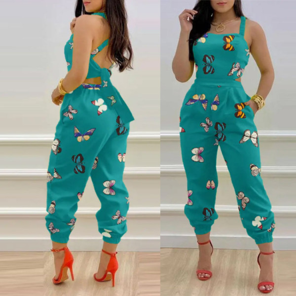 suspender open-back bow print high-waisted jumpsuit