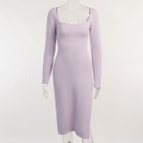 Square Neck Tie Hollow Wool Dress Sexy Temperament Backless Long Skirt