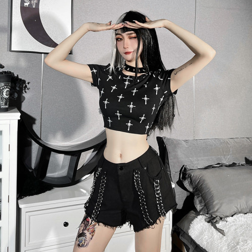 Dark Cross Print T-Shirt Cropped Slim Top