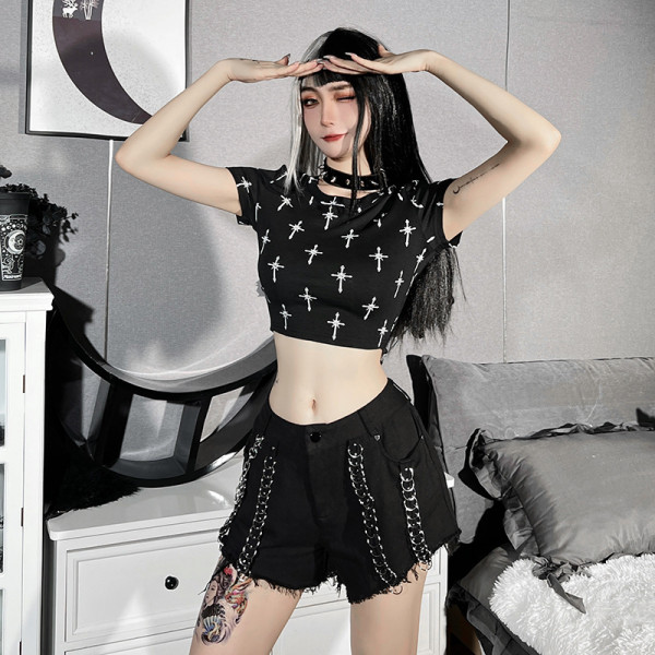 Dark Cross Print T-Shirt Cropped Slim Top