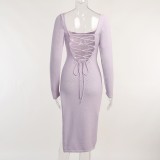Square Neck Tie Hollow Wool Dress Sexy Temperament Backless Long Skirt