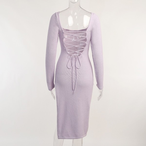 Square Neck Tie Hollow Wool Dress Sexy Temperament Backless Long Skirt