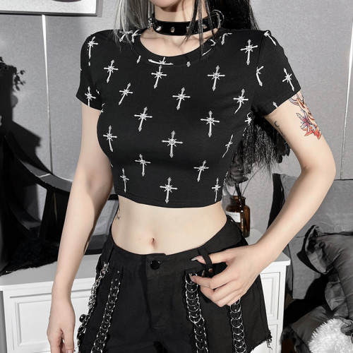 Dark Cross Print T-Shirt Cropped Slim Top