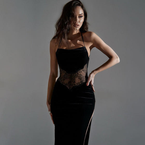 women's lace sexy leak back stitching slit dress