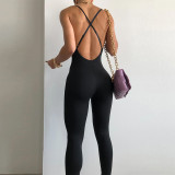 Women's Fashion Sports Slim Cross Strap Solid Color Versatile Jumpsuit