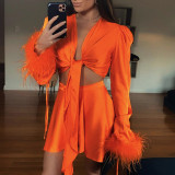 Satin Tie Feather Puff Long Sleeve Top Cropped Navel Long Sleeve