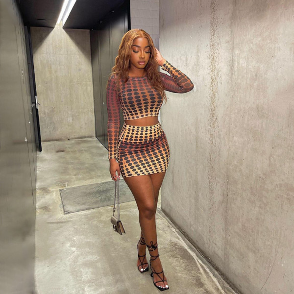 Fashion Printed Long Sleeve Hip Skirt Suit