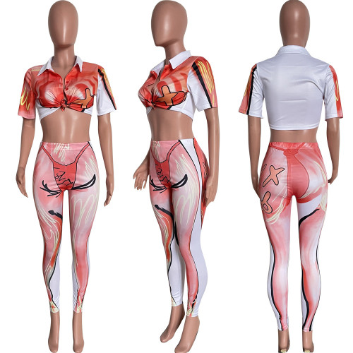 Printed temperament commuter sweet short-sleeved fashion two-piece suit